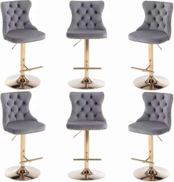 Modern Home Touch Set of 6 Luxury Velvet Adjustable Swivel Bar Stools with Gold Metal Base in Grey