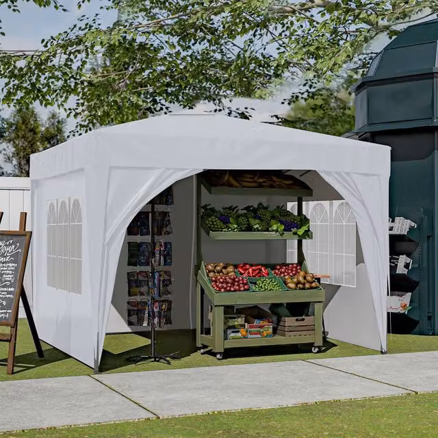 BIRCHTREE White Pop Up Freestanding Gazebo with Polyester and PVC Canopy and Steel Frame