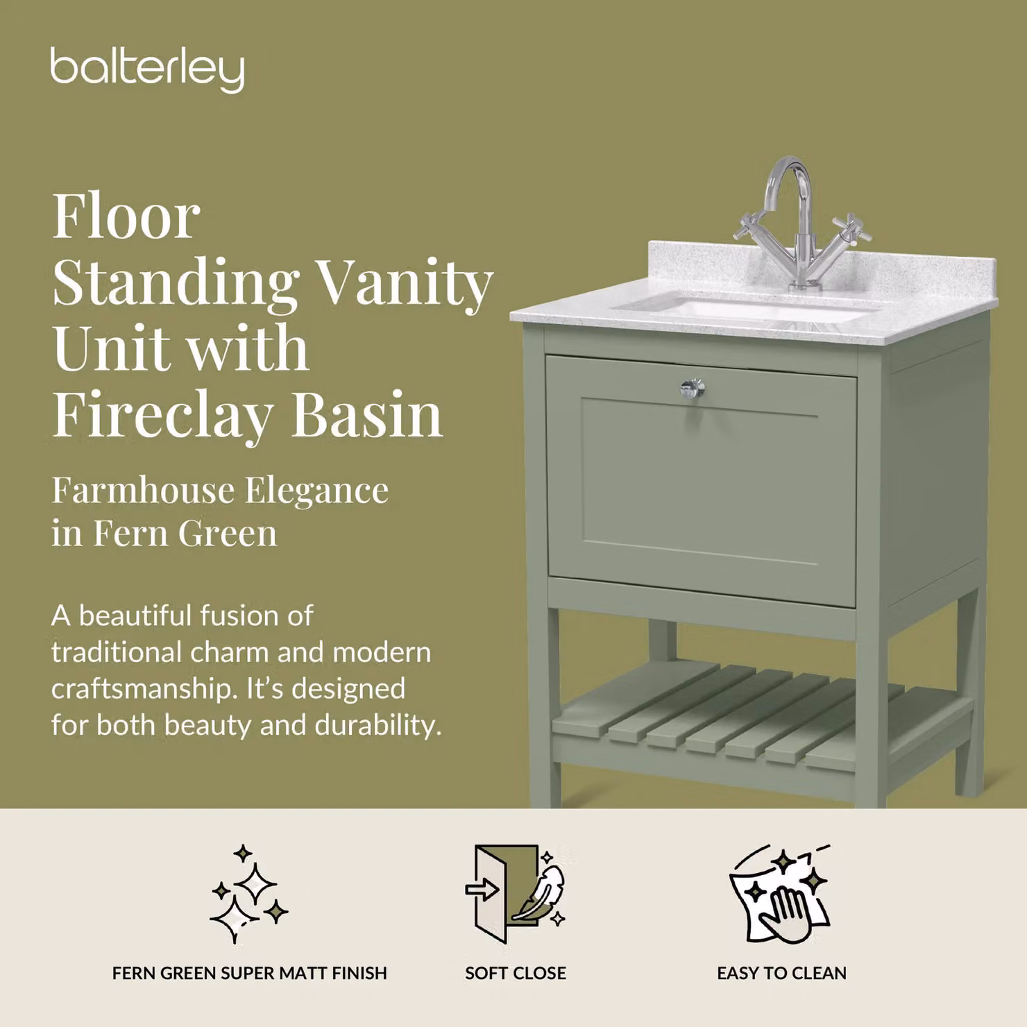 Balterley Bathroom 1 Soft Close Drawer Floor Vanity Unit Basin with Basin, Green, Width: 62 cm – 2