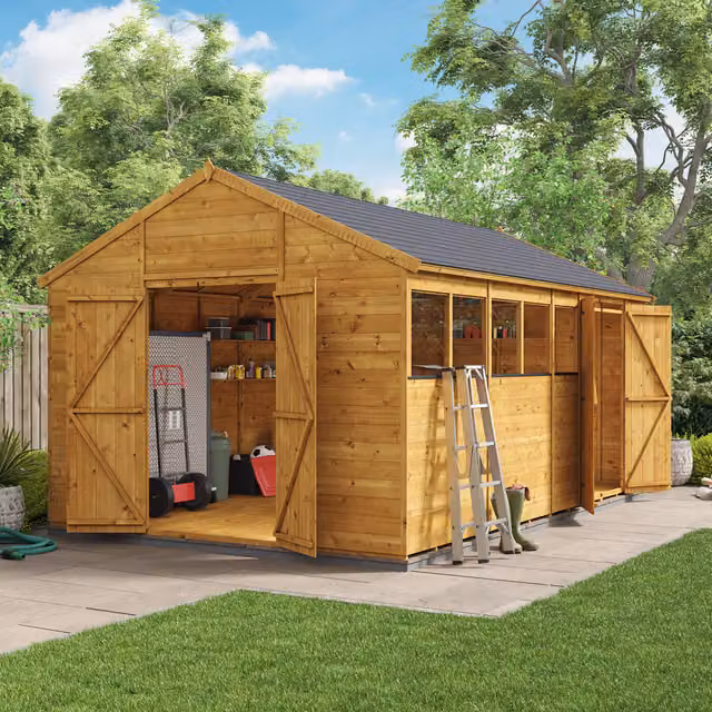 BillyOh Rustic Brown Wooden Apex Workshop with Dual Entrance and Windows, 16 x 10 ft