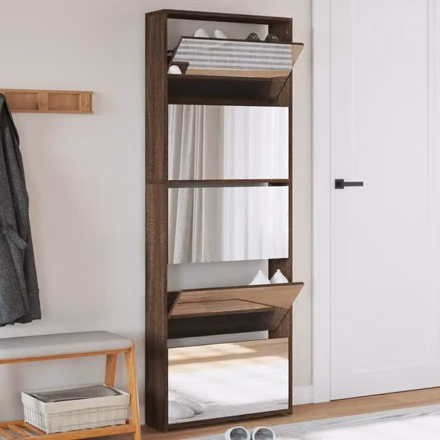 Berkfield Home Modern Shoe Cabinet with Mirror in Brown Oak, W: 63 cm, D: 17 cm, H: 169.5 cm – 1
