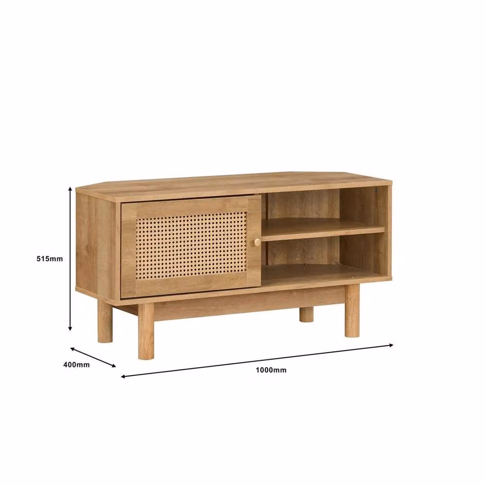 NESTLUNE Oak and Rattan 1 Door Corner TV Unit Stand in Brown – 2