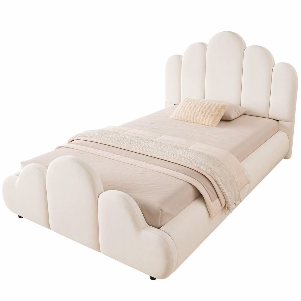 BTM Single Velvet Petal Bed with Five-Petal Headboard and Lift-Up Base, Beige, W/D/H: 90 x 190 cm – 2