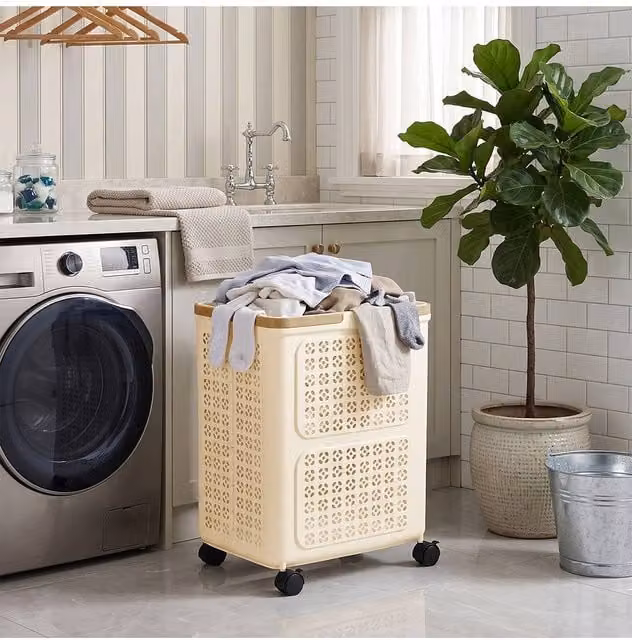 Living and Home Collapsible Laundry Basket with Wheels and Handles in Beige – 1