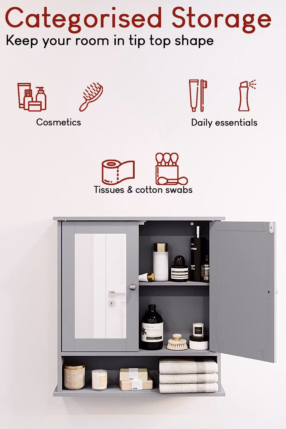 HD Designs Priano 2 Door Mirrored Wall Cabinet with Internal Shelves in Dark Grey, W/D/H: 58 x 13 x 56 cm – 3