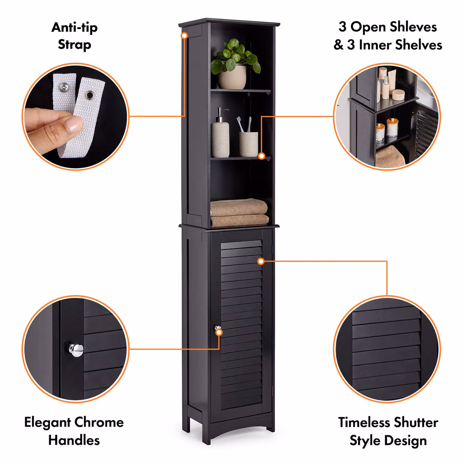 VonHaus Freestanding Tall Bathroom Cabinet in Black with Internal Shelves, H 165 x W 34 x D 23 cm – 7
