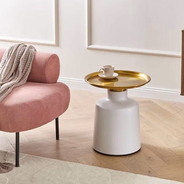 Wyld and Coco Glamour Round Metal Side Table in White and Gold