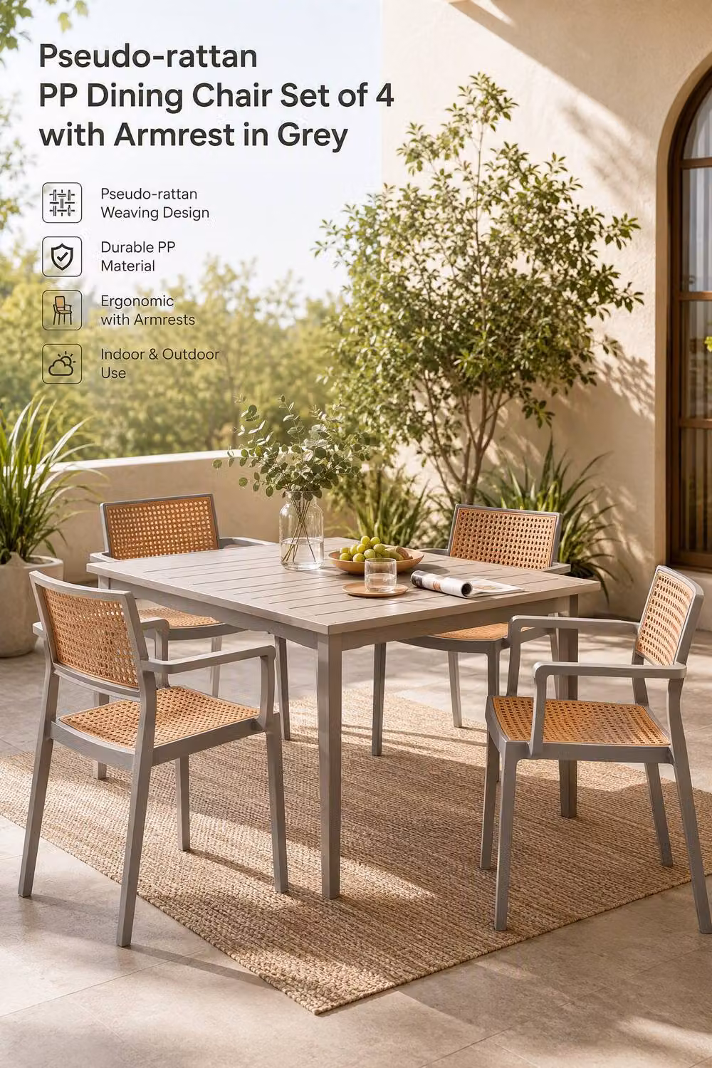 Garden Sanctuary Set of 4 Grey Pseudo-rattan PP Dining Chairs with Armrests – 2