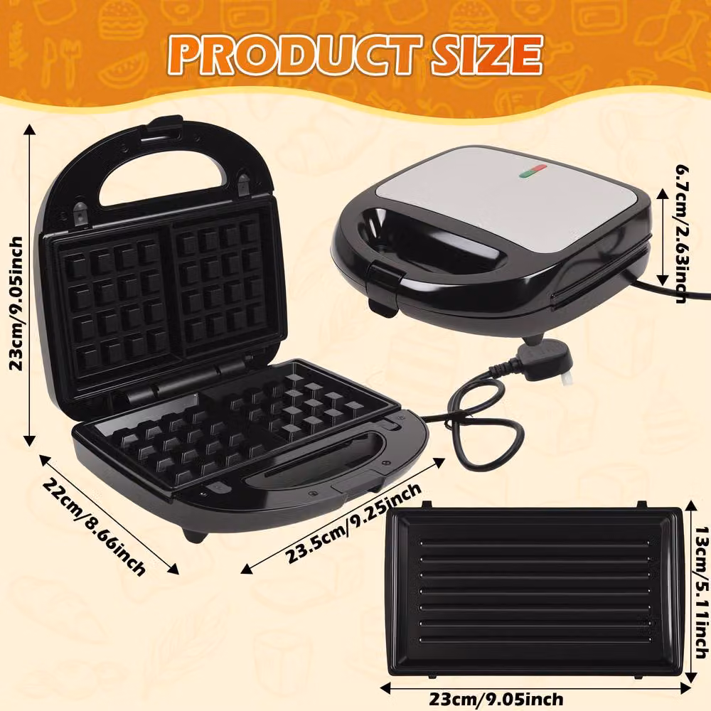 Alivio 3-in-1 Non-Stick Sandwich Maker with Detachable Plates, 850W, Black – 4