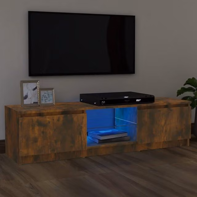 Berkfield Home TV Cabinet with LED Lights in Smoked Oak Brown, W: 120 cm, D: 30 cm, H: 35.5 cm – 1