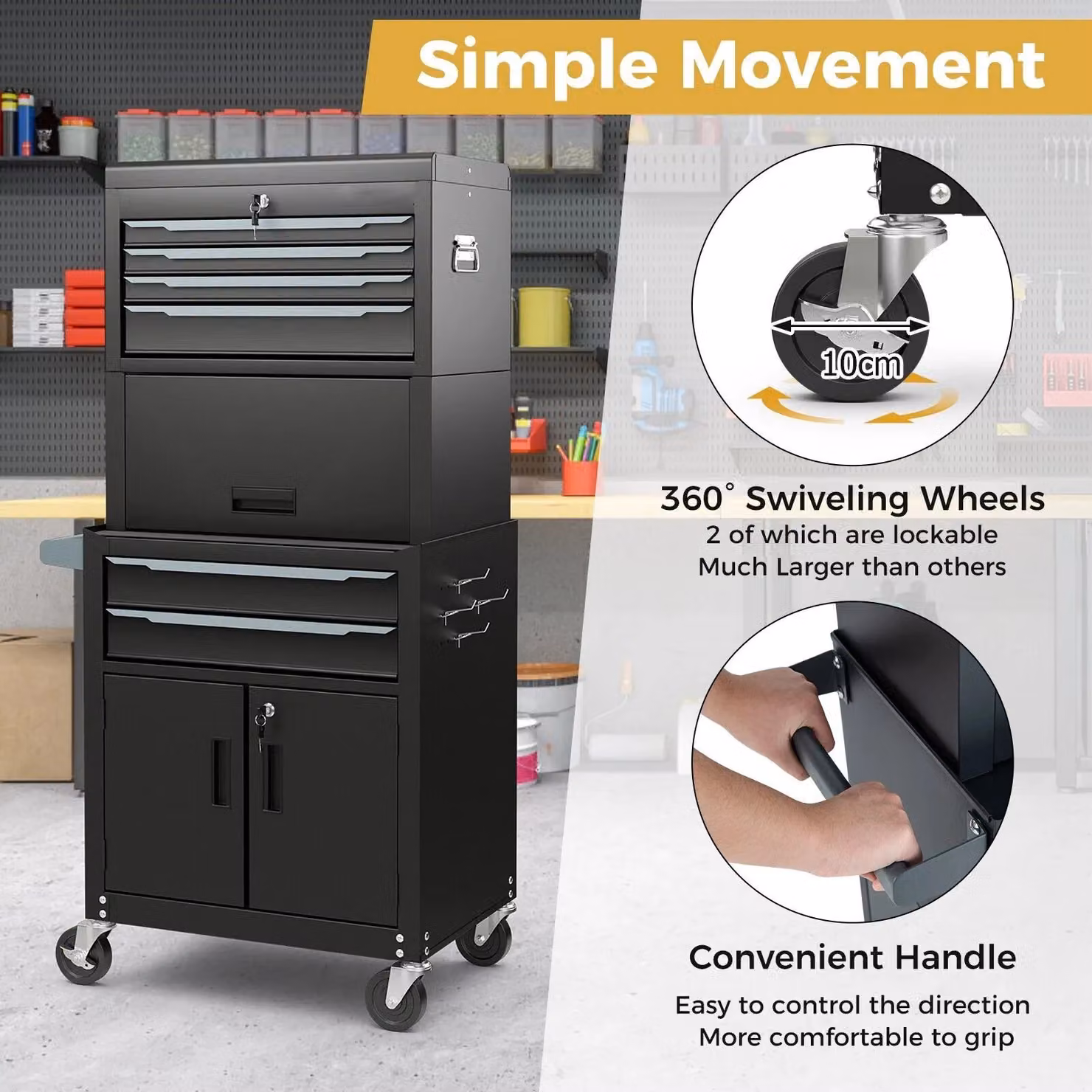 Gymax 6-Drawer Rolling Tool Chest 3-in-1 Metal Tool Storage Cabinet with Wheels, Black – 7