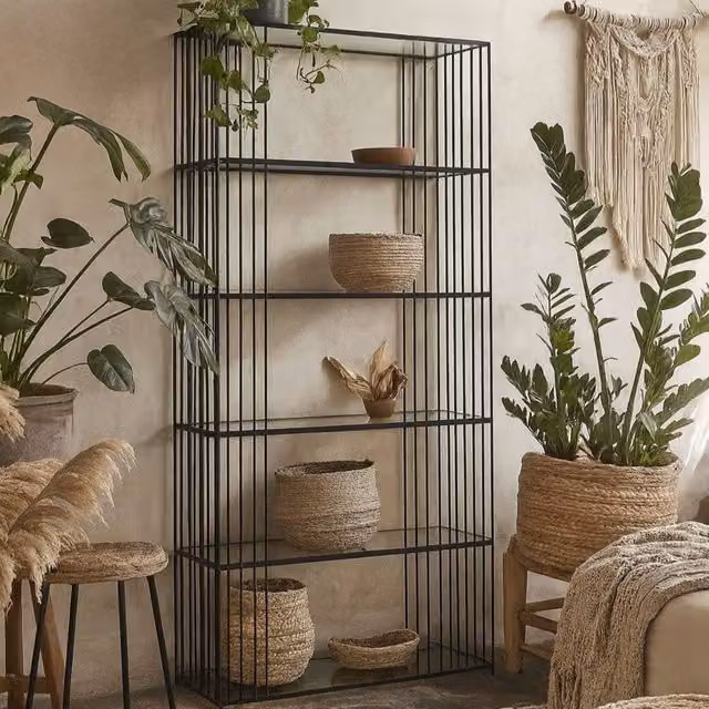 Wyld Haus Memphis Minimalist Black Metal Slim Shelving Unit with Glass Shelves, W/D/H: 80 x 27 x 179 cm – 1