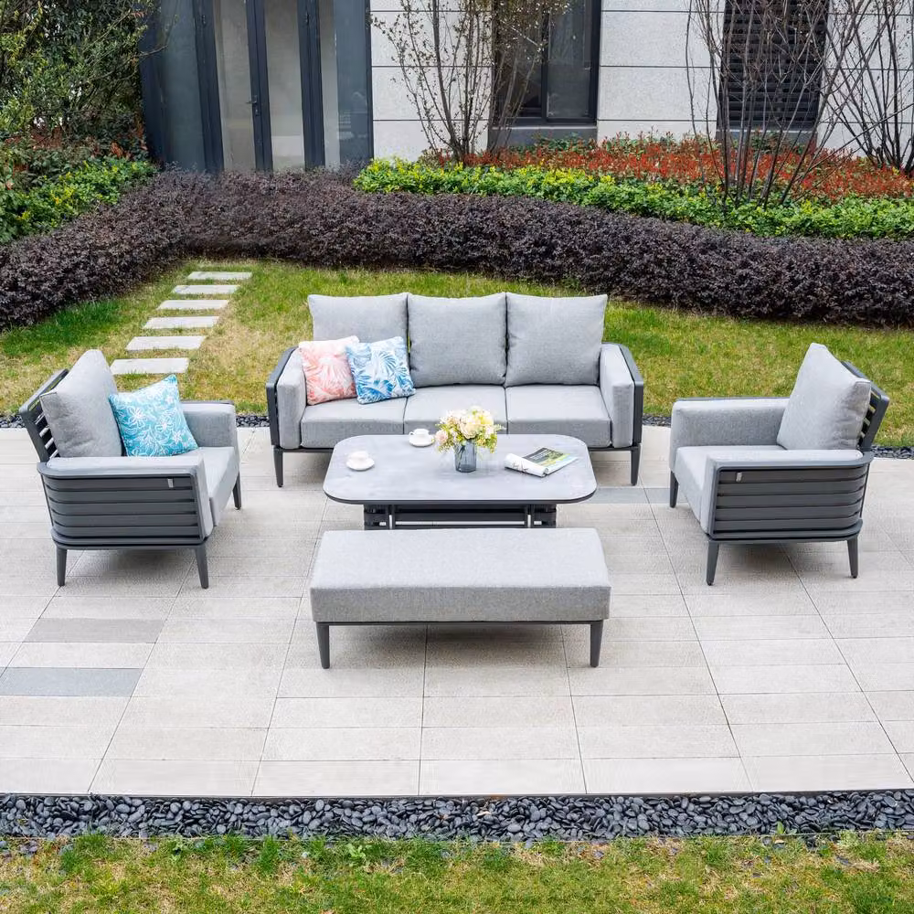 Mimo 5-Piece Grey Powder Coated Aluminium Outdoor Sofa Set with 3-Seater Sofa, 2-Seater Sofa, Coffee Table and Upholstered Cushions – 3