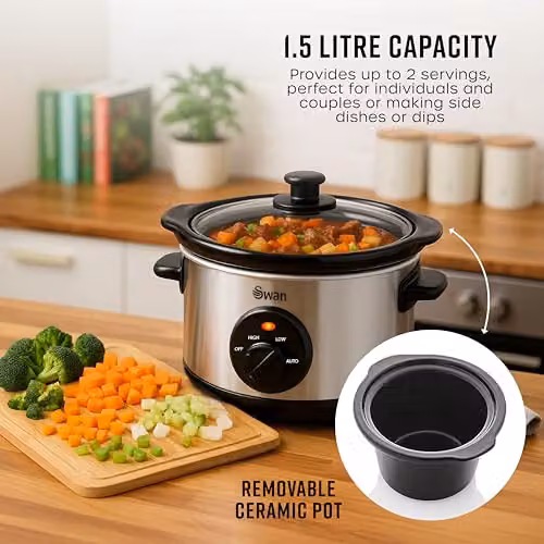 Swan 1.5 Litre Stainless Steel Slow Cooker with Keep Warm Function, 120W, Silver – 3