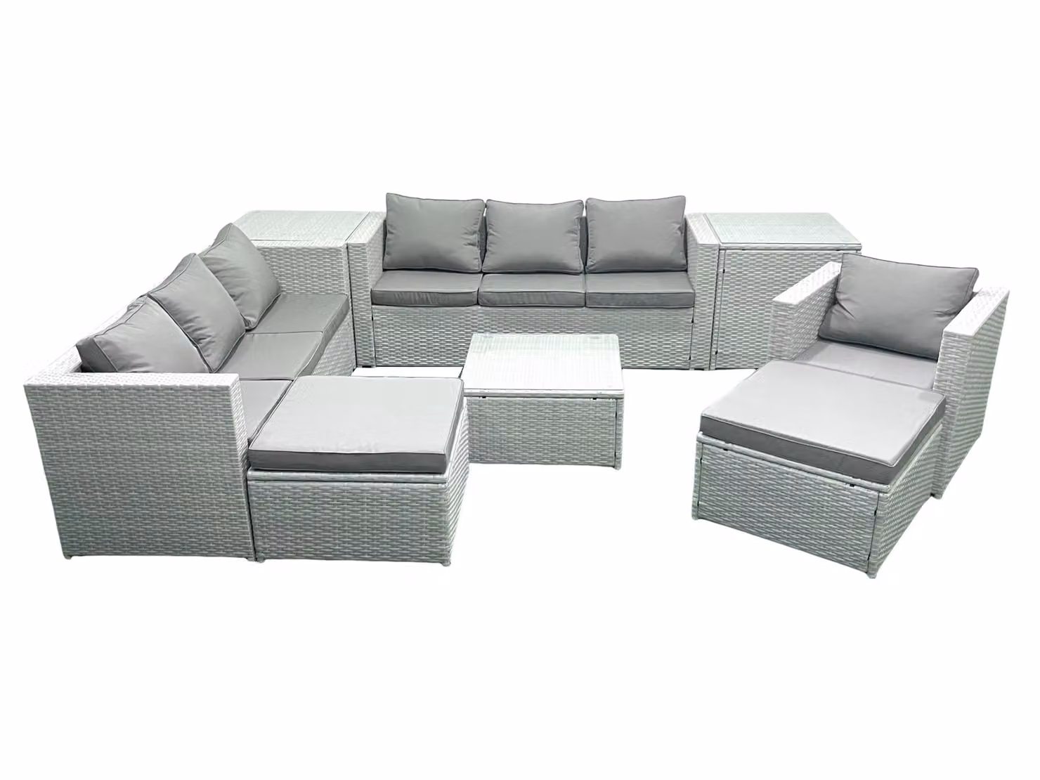 Fimous Wicker PE Rattan Garden Furniture Set in Light Grey with Armchair, Square Coffee Table, 2 Footstools and 2 Side Tables – 2