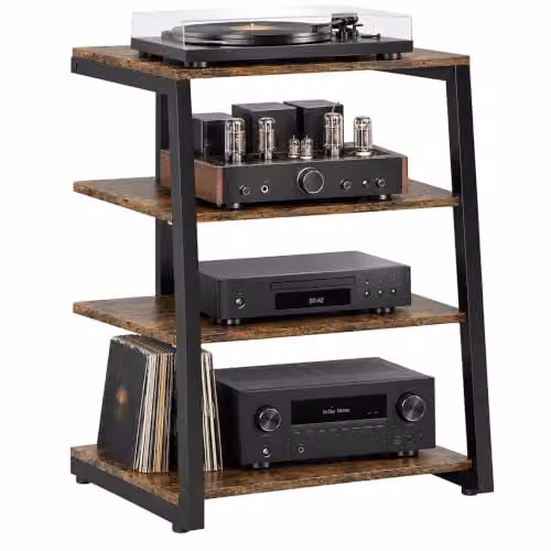 HOMCOM 4-Tier HiFi Stand Media Storage Shelf in Rustic Brown – 1