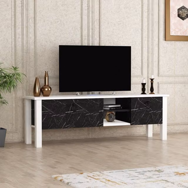Destina Home LTD Storm TV Stand and Media Console in White and Black Marble Effect