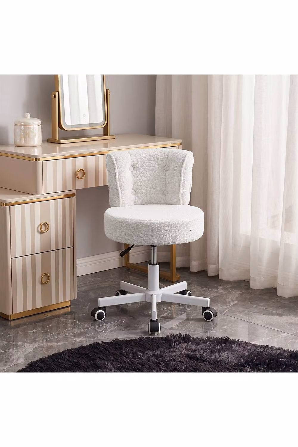 Living and Home White Bouclé Fabric Height-Adjustable Swivel Vanity Task Chair with Castors – 2
