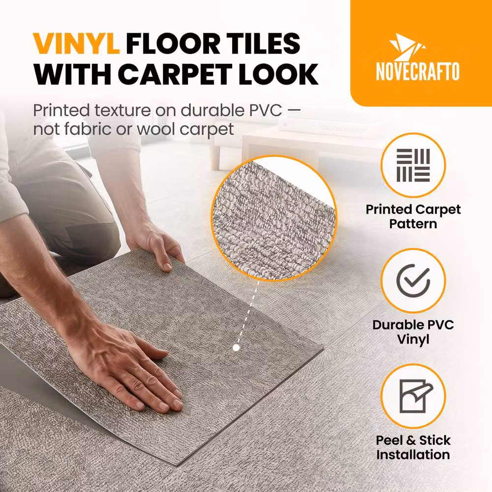 Novecrafto Self-Adhesive Vinyl Floor Tiles with Carpet Effect, Beige, Pack of 10, W/D: 45 x 45 cm – 2