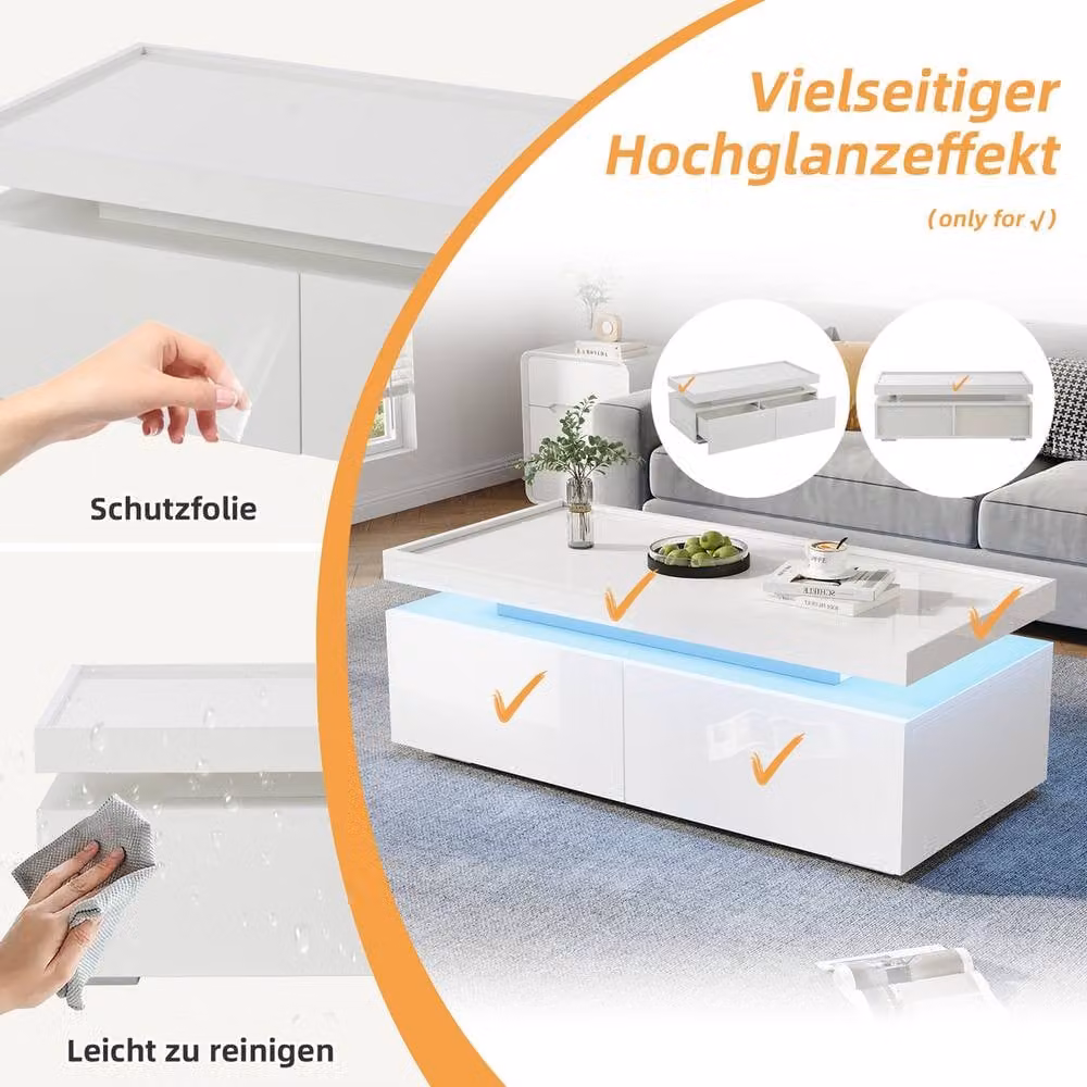 Rolipo Modern White High Gloss LED Coffee Table with 2 Drawers W/D/H: 95 x 50 x 35 cm – 2