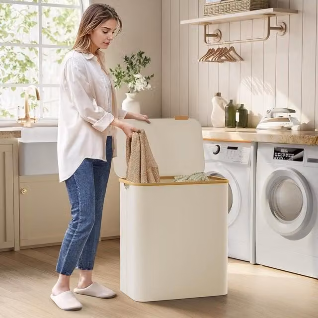 SONGMICS Extra Large 3-Section Collapsible Laundry Hamper with Bamboo Handles in White – 1