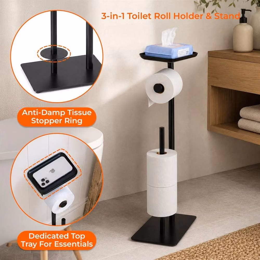Kelvenix Freestanding Toilet Paper Holder with Top Shelf and Spare Roll Holder in Black, W: 180 cm, H: 180 cm – 4