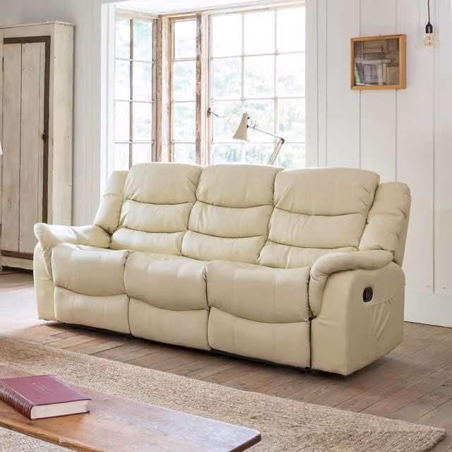 Artemis Home Almeira 3 Seat Manual Recliner Sofa in Cream Bonded Leather, Width: 205 cm – 1