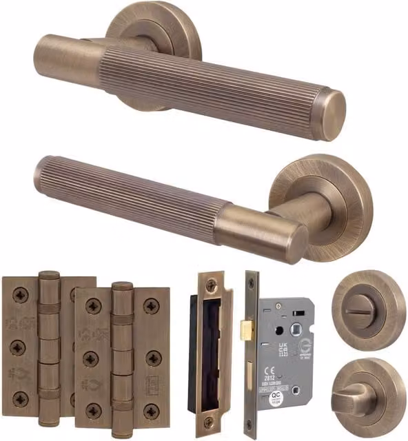 AFIT Antique Brass Bathroom Door Handle Set with WC Lock and Hinges in Bronze