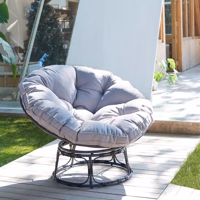 GRS Fresno Rattan Swivel Moon Chair with Grey Cushion