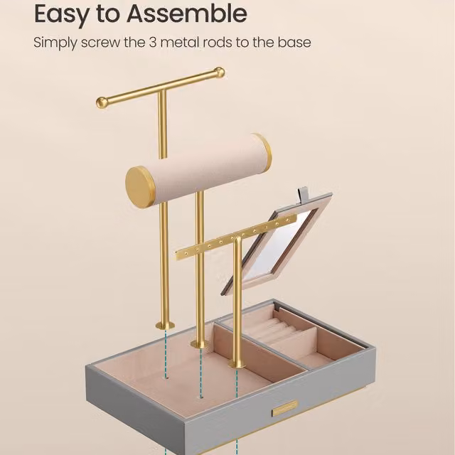 SONGMICS Metal Jewellery Organiser and Stand with Mirror, Gold