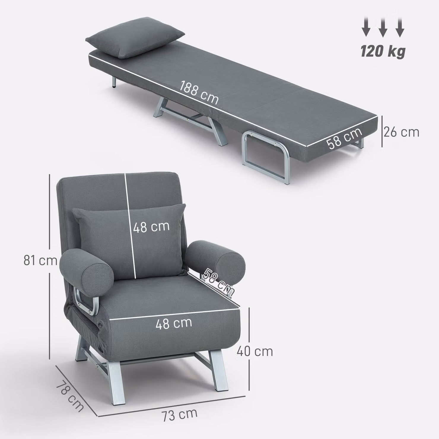 HOMCOM 3-in-1 Convertible Single Sofa Bed in Grey with Adjustable Backrest and Armrests – 3