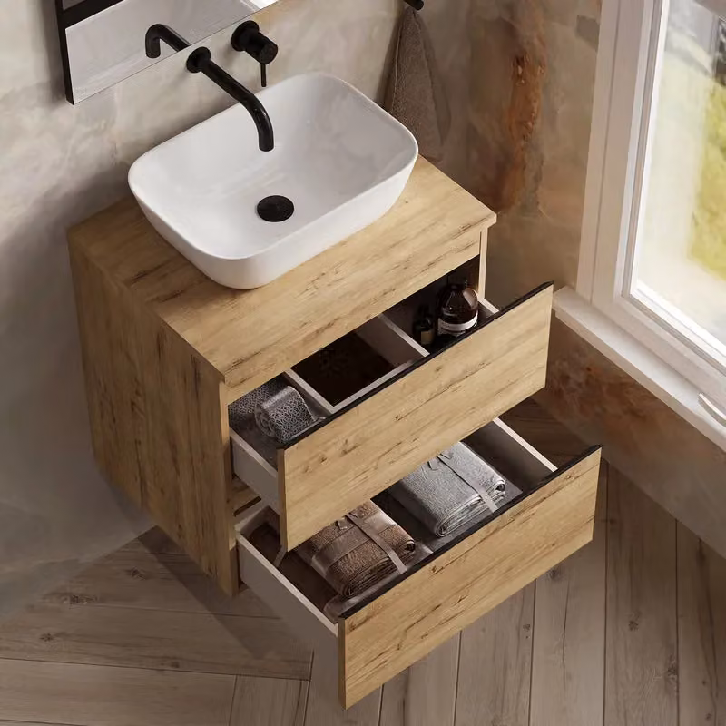 Banyetti Vatilla 600mm Wall Hung Vanity Unit with Matching Worktop in Ostippo Light Oak – 3