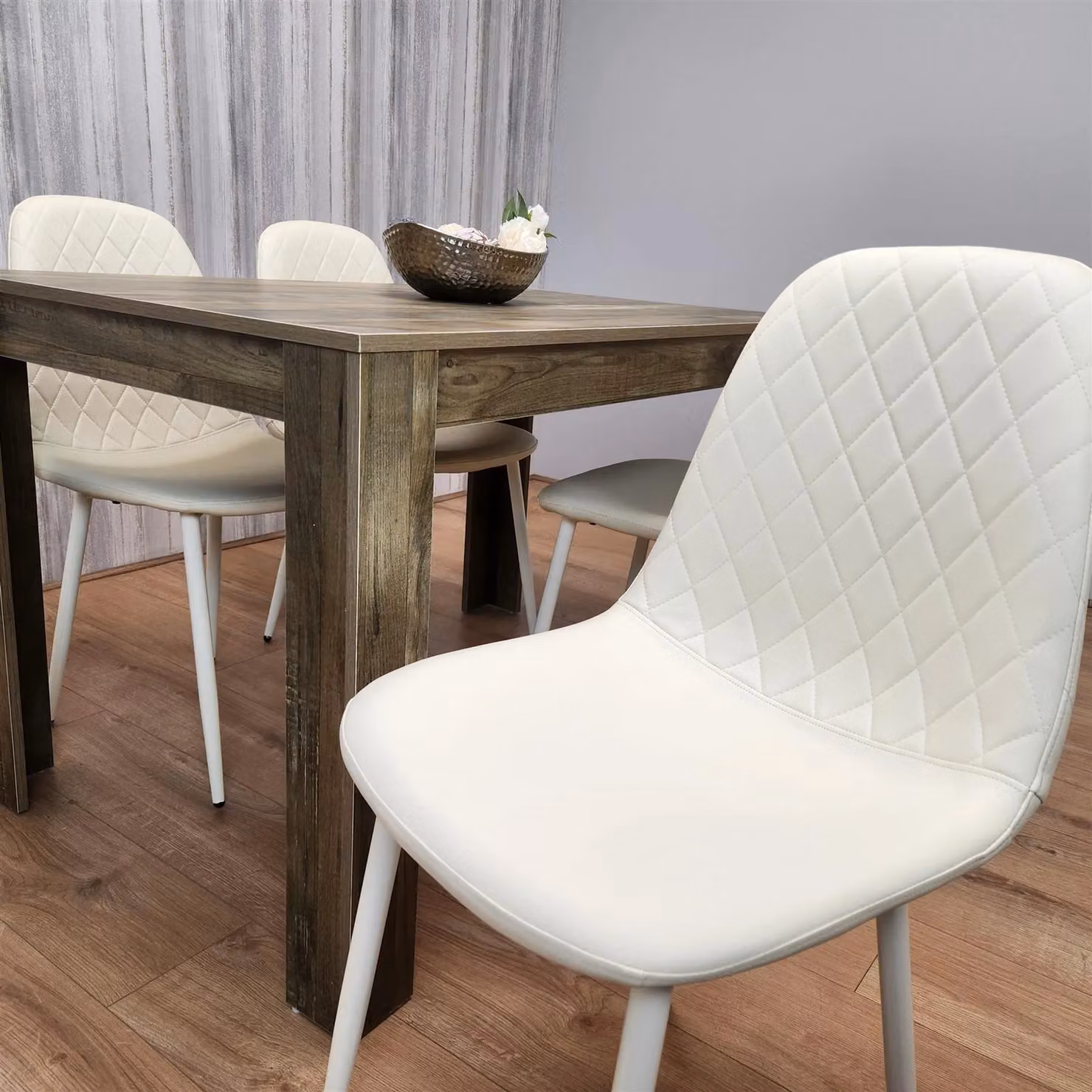 Kosy Koala Rustic Brown Wooden Dining Table and 4 Cream Geometric Pattern Faux Leather Chairs Set – 2