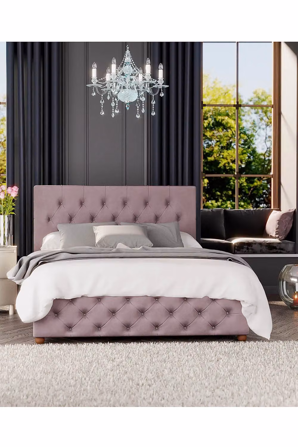 Laurence Llewelyn-Bowen Luna Ottoman Storage Bed in Pink Plush Velvet Fabric, King Size (W/D: 180 x 200 cm) – 4