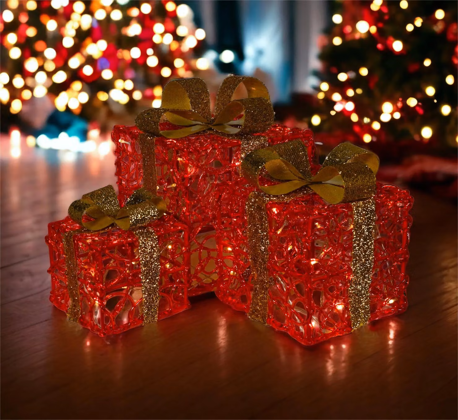 Netagon Set of 3 Red LED Light Up Battery Operated Rectangular Christmas Boxes with Timer – 2