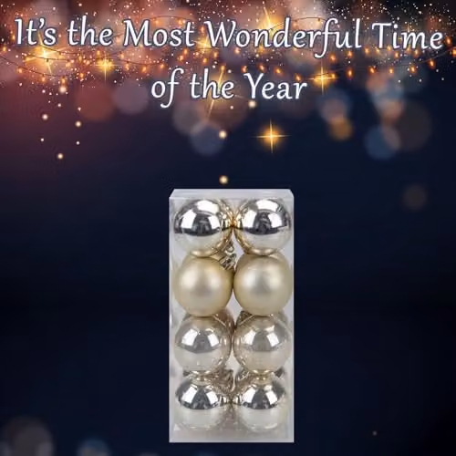 VFM e-Store Set of 16 Round Christmas Bauble Hanging Tree Ornaments in Champagne Gold and Beige, 5 cm – 4