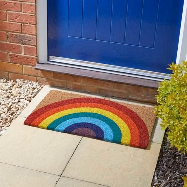 Garden Mile Heavy Duty Rectangular Coir Door Mat in Brown and Multicolour Rainbow Graphic