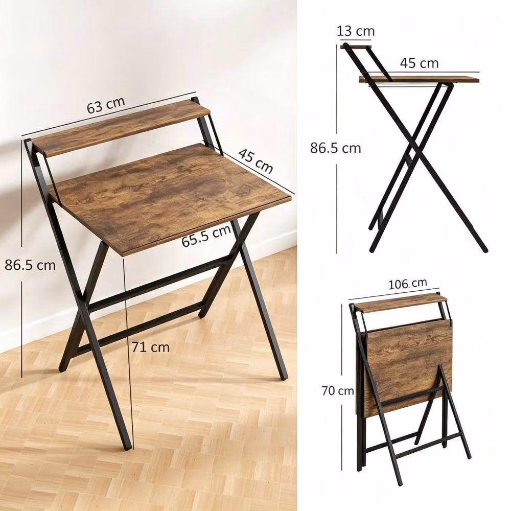 STILVORA Folding Computer Desk with Monitor Shelf in Rustic Brown – 3