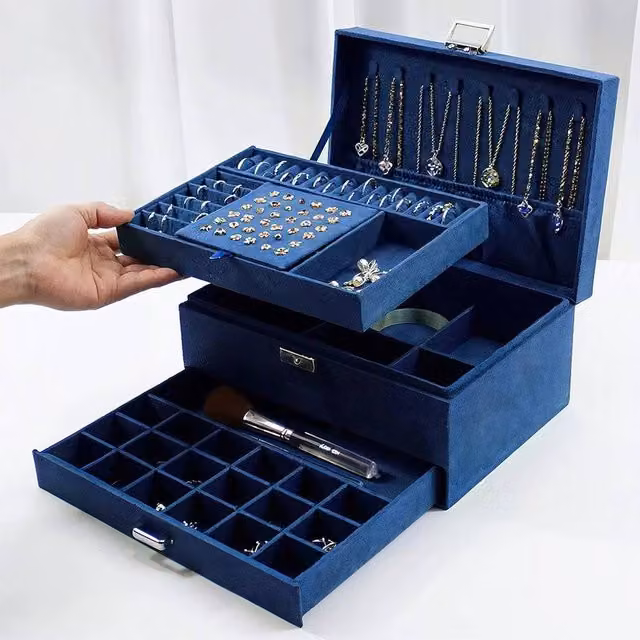 KORVIXA Blue 3 Layer Large Fabric Jewellery Box, Width: 50 cm