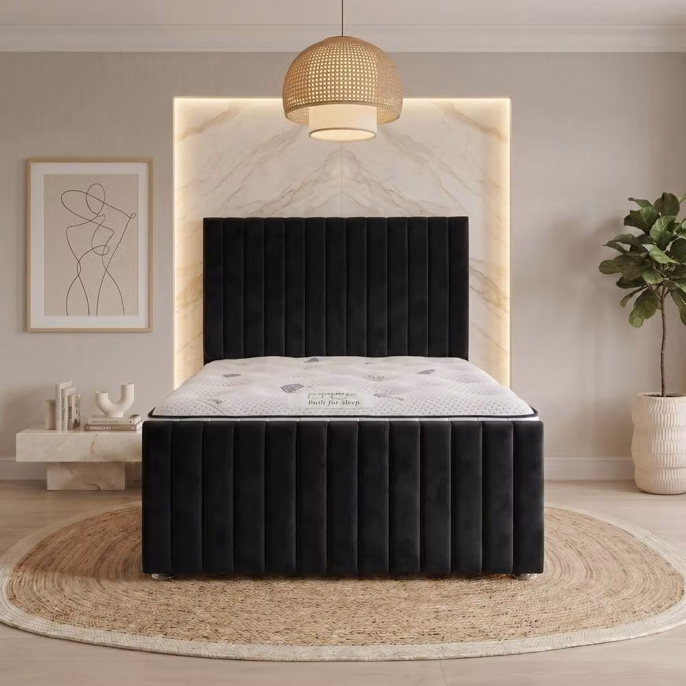 Somnior Eleanor Velvet Divan Bed in Black, Double Size, W/D/H: 140 x 200 x 25 cm – 2