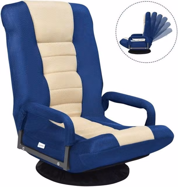 Costway Swivel Folding Floor Gaming Chair with 6-Position Adjustment in Navy Blue – 1