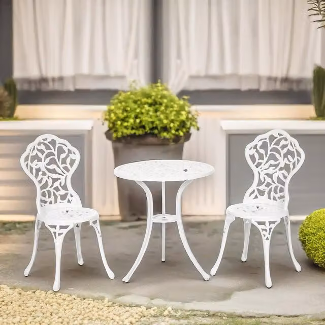 FURNOS Set of 3 Aluminium Petals Bistro Table and Chairs in White