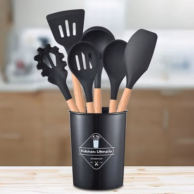 Dyzi 12-Piece Black Silicone and Wood Kitchen Utensils Set, Heat Resistant and Non-Scratch