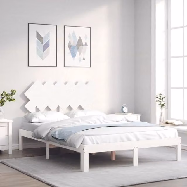 Berkfield Home White Double Solid Pine Wood Bed Frame with Headboard, 140 x 200 cm