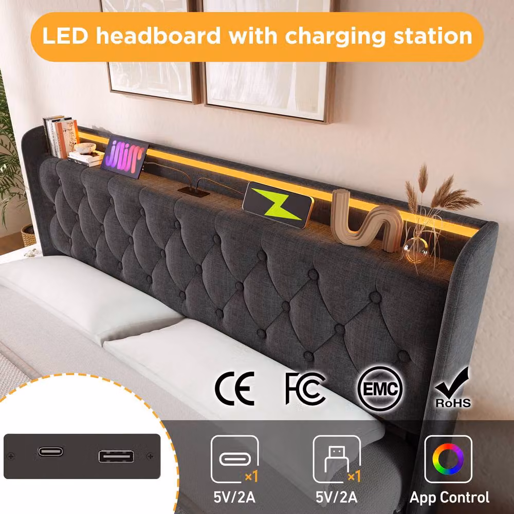 BTM Grey Upholstered King Size Ottoman Storage Bed with 360 Surround LED Lighting and USB Charging Ports – 5