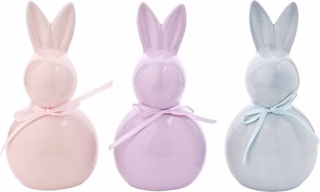 Eggs-traordinary Gift Co Set of 3 Ceramic Easter Bunny Tabletop Ornaments in Pink, Blue and Purple
