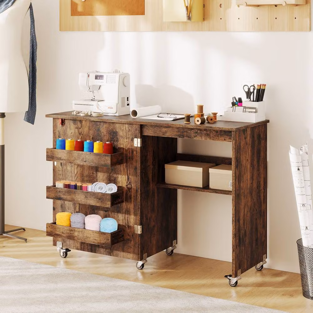 Costway Folding Sewing Table and Mobile Sewing Machine Desk with Castors, Brown – 9