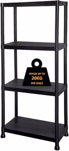 MANTRARAJ Heavy Duty 4 Tier Black Plastic Freestanding Storage Shelving Unit H 133 x W 60 x D 30 cm