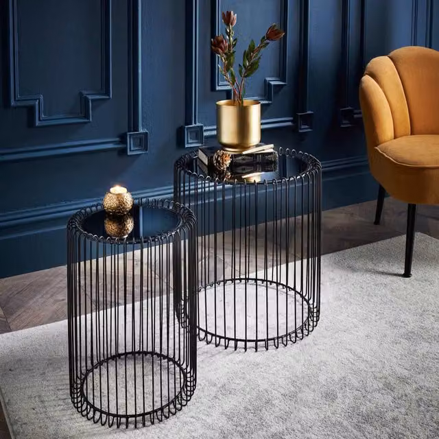 Spot On Dealz Set of 2 Modern Round Nested Glass and Metal Tables in Black
