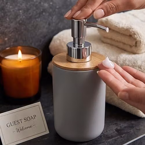 Orsina White and Grey Bamboo Fibre Lotion Dispenser with Refillable Pump, 300ml – 4